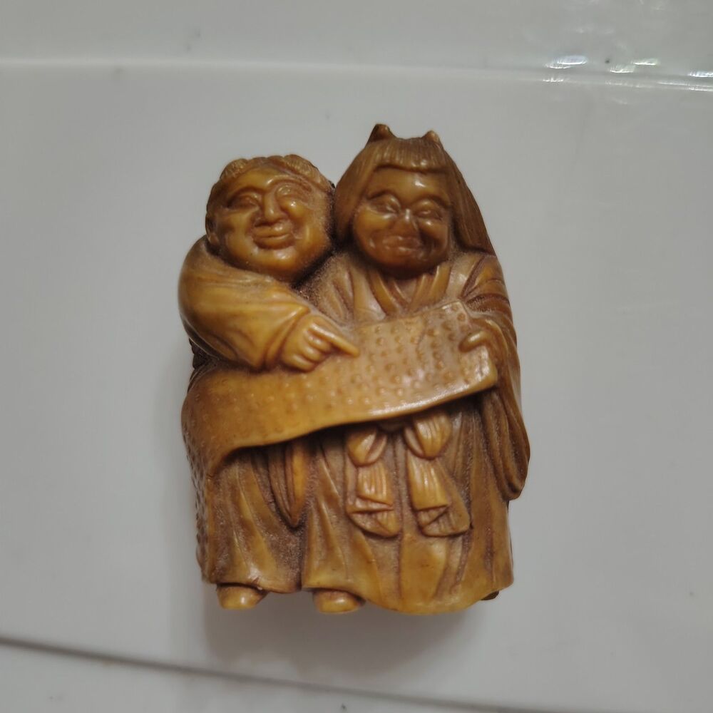 VTG Japanese Celluloid Netsuke: Kanzan and Jottoku Small Figurine